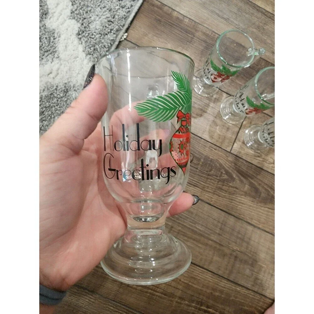 Vintage Indiana Glass Clear Christmas Holiday Greetings Pedestal Mugs Set Of 4
